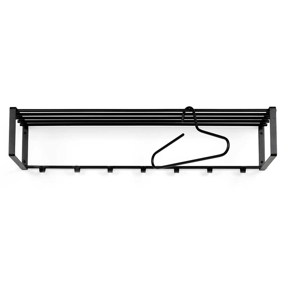 Schwarze Wandgarderobe mit 7 Kleiderhaken und Hutablage aus Metall für den Flur – Satroni