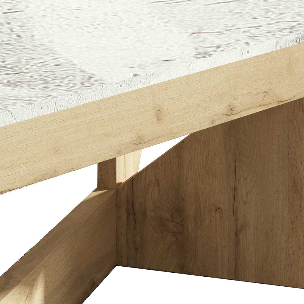 Couchtisch mit Hebefunktion, geöffneter Stauraum, helle Holzoptik und weiße Betonoptik-Tischplatte – Price