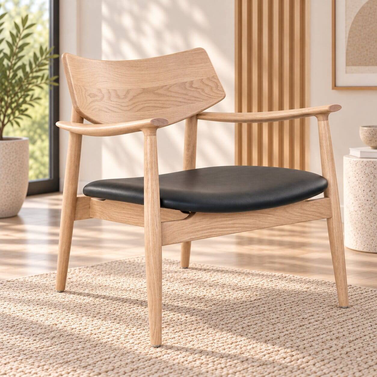 Design-Loungestuhl aus Eichenholz mit Kunstleder Polstersitz in Schwarz