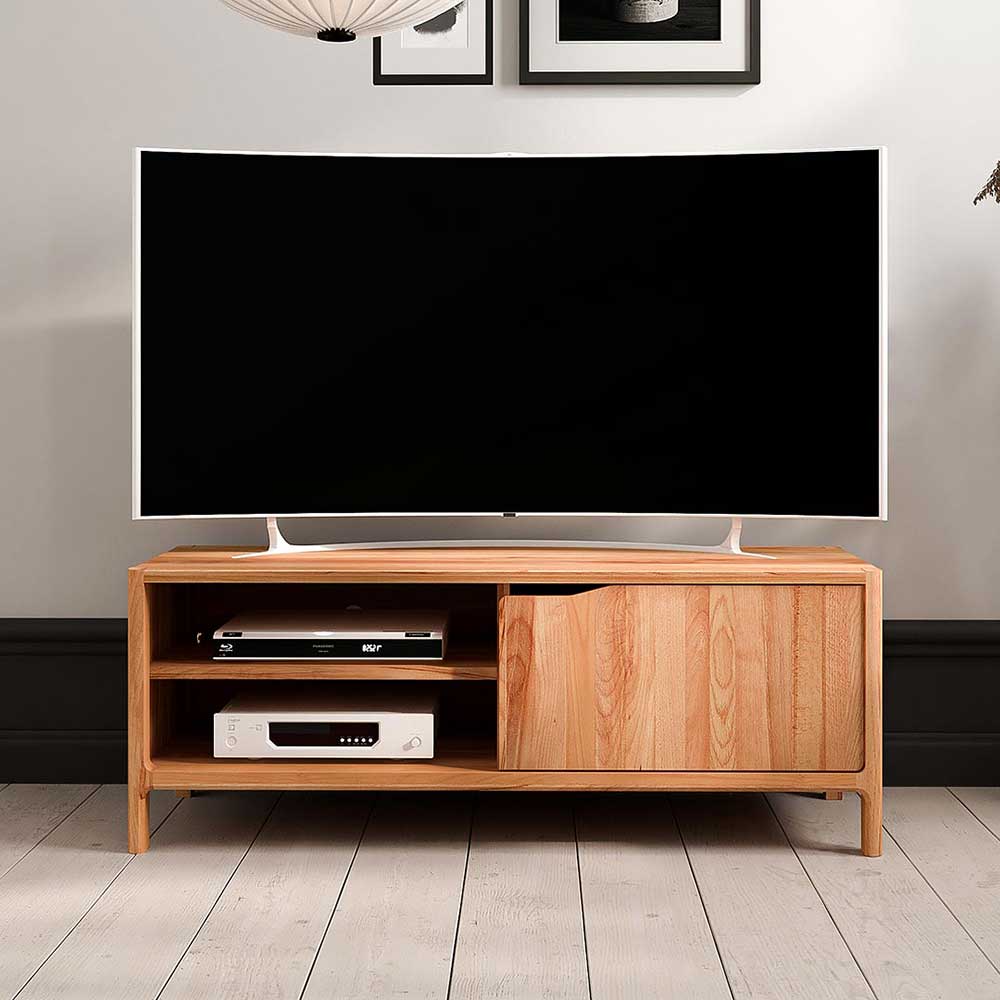 Kernbuche TV Element mit einer Tür und offenen Fächern für Mediageräte im Wohnzimmer – Lana