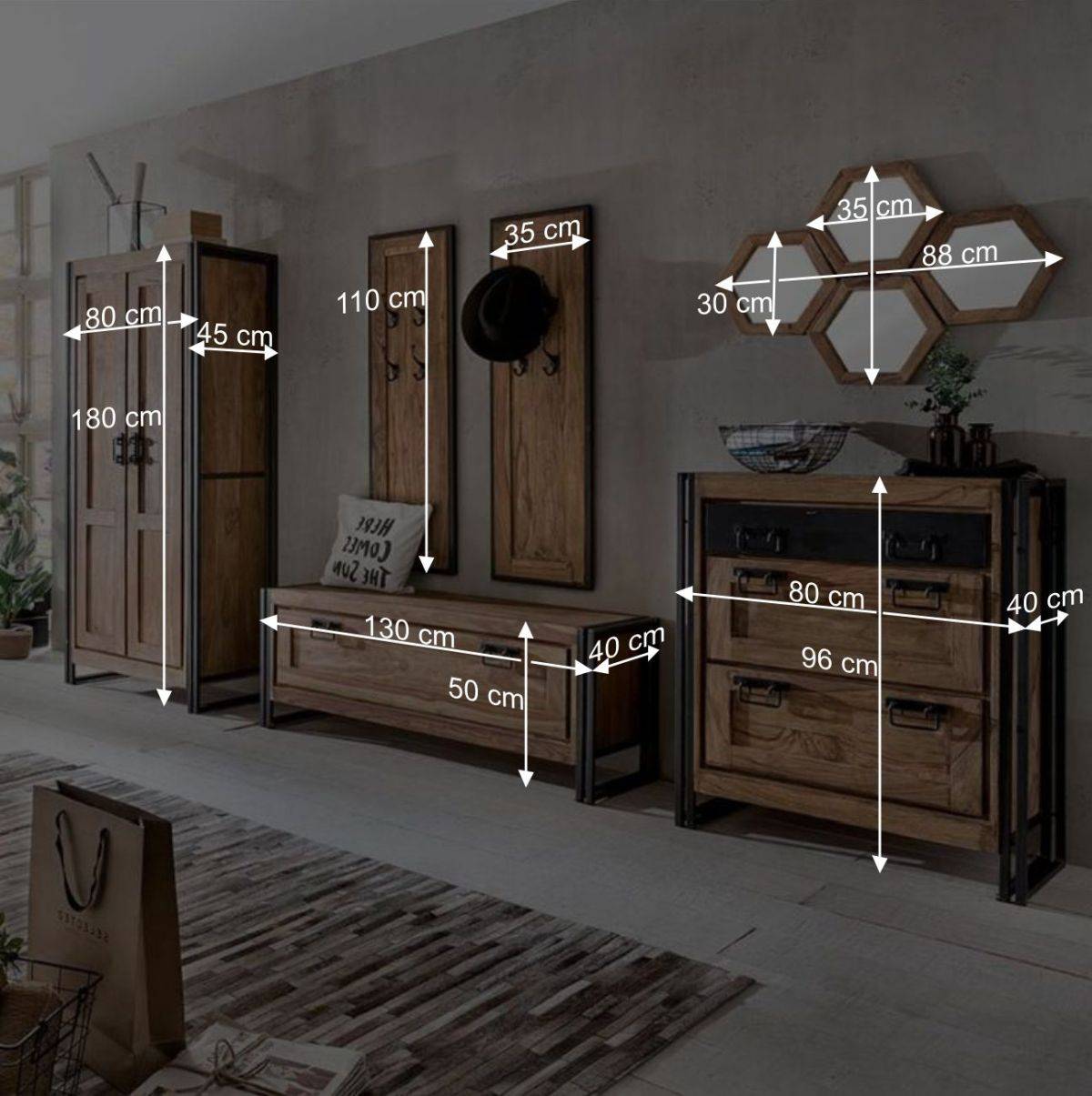 Loft Flurmöbel Set Mendoza aus Akazie Massivholz (neunteilig)