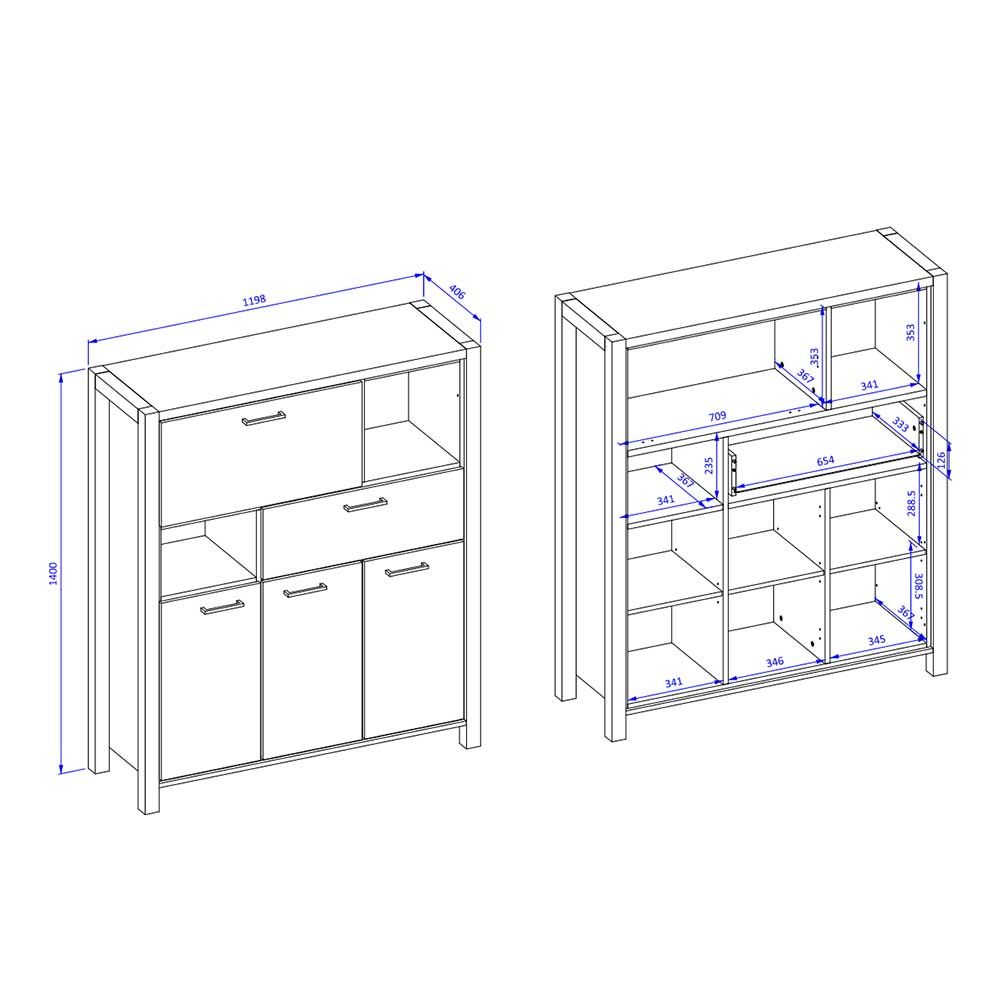 120x140x41 Highboard mit Klappe & 3 Türen - Zavorra