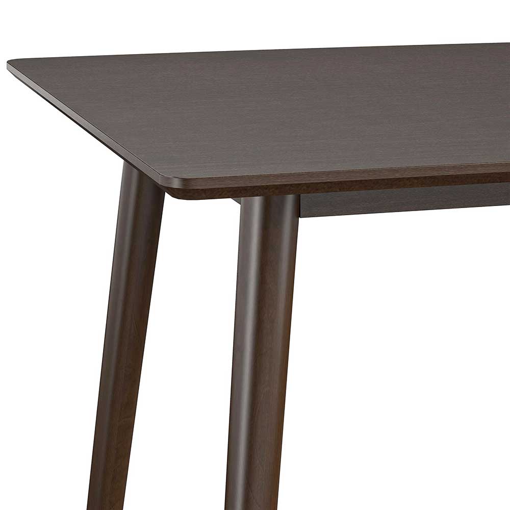 Tischplatte in Walnussoptik mit abgerundeten Kanten und Tischbein Detail – Despelin