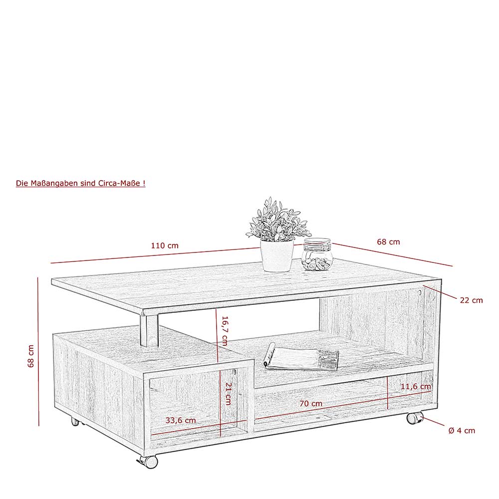 110x50x68 Wohnzimmer Tisch auf Rollen - Pierre