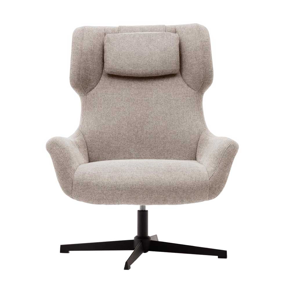 Komfortabler Chenille Loungesessel drehbar in Beige mit hoher Rückenlehne und Kopfstütze – Marocana