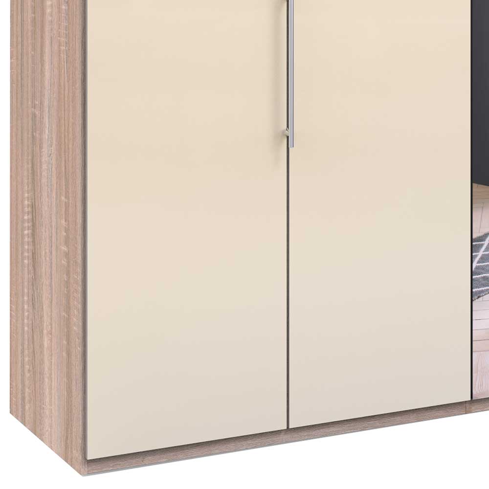 Cremefarbene Hochglanzfront des Kleiderschranks mit Seitenpaneel in heller Holzoptik und Griff – Rativian