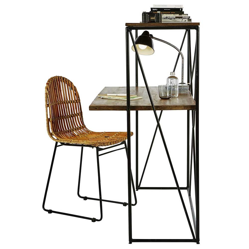 Seitliche Ansicht des Design-Schreibtisches aus Mangoholz und Eisen, ideal für das Homeoffice – Offia