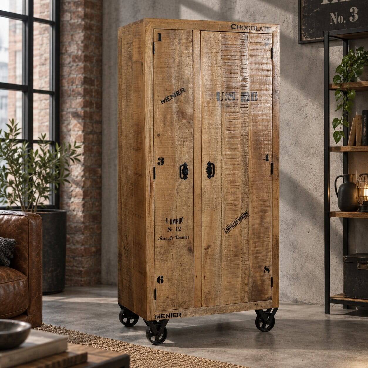 Industry Dielenschrank Indri aus Holz rustikal mit Schrift-Drucken