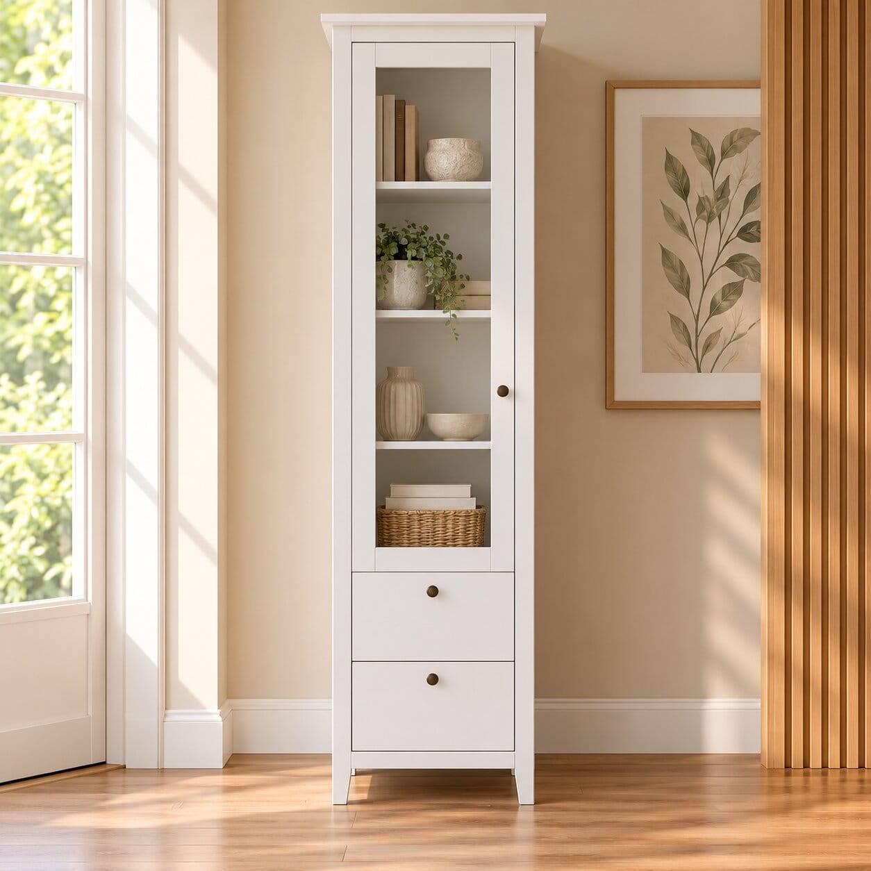 58x200x40 cm Skandi Vitrine in Weiß lackiert - Astinion