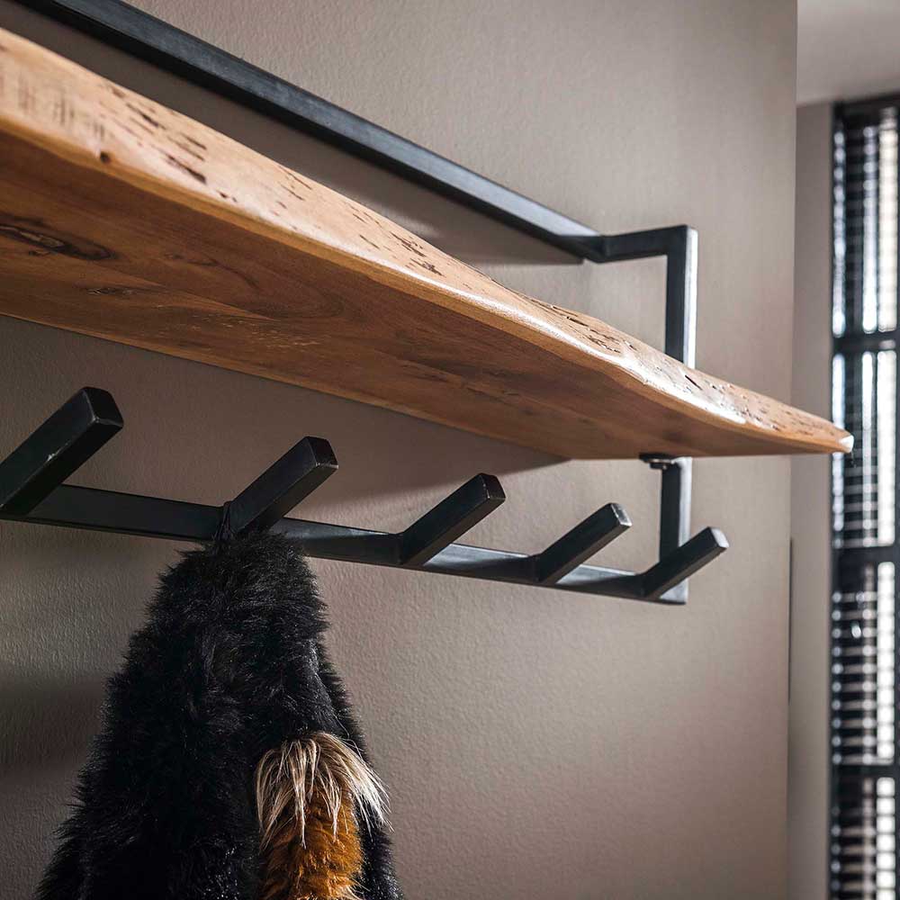 Wandgarderobe mit Ablagefläche aus Akazienholz und fünf schwarzen Kleiderhaken – Bash