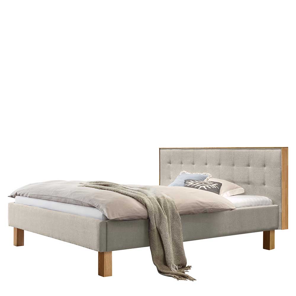 Polsterbett in Beige und Eiche Bianco - Rolandez