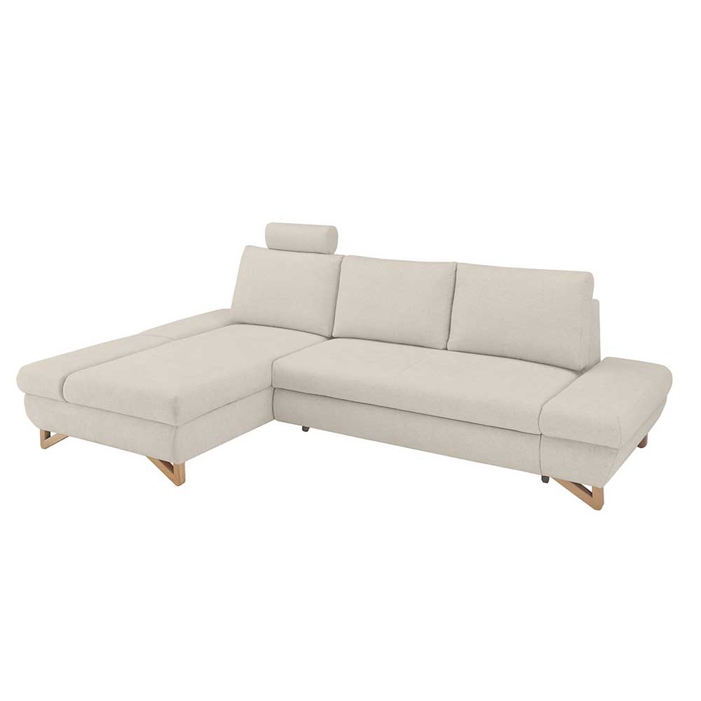 Großes L-Sofa in Creme mit verstellbarer Kopfstütze und Buchenholzfüßen für den Wohnbereich – Baonga
