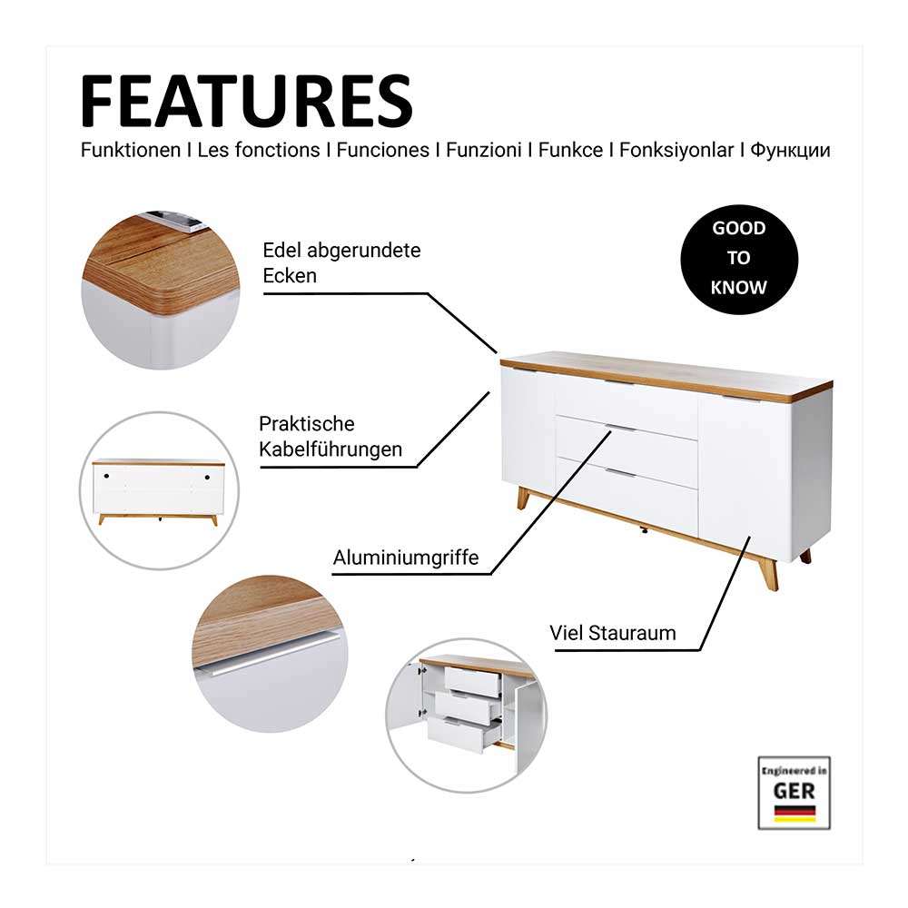 Skandi Sideboard Funktionen und Merkmale Übersicht mit viel Stauraum und Kabeldurchführung – Xuana