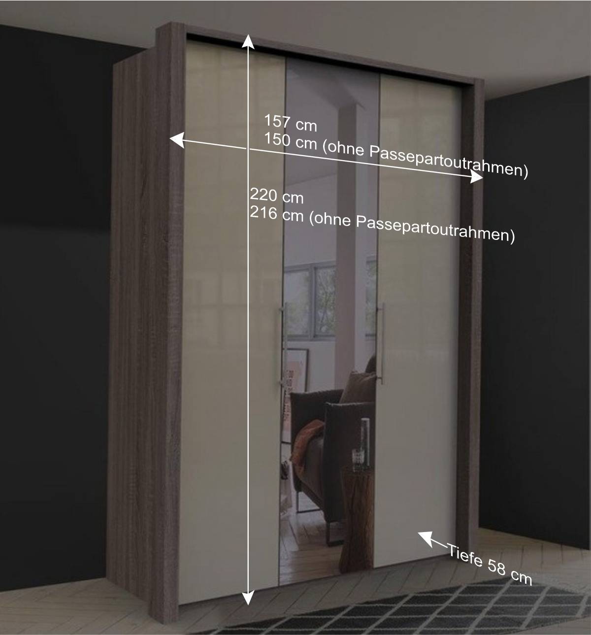 2-türiger Schlafzimmer-Schrank mit Spiegel - Tornado