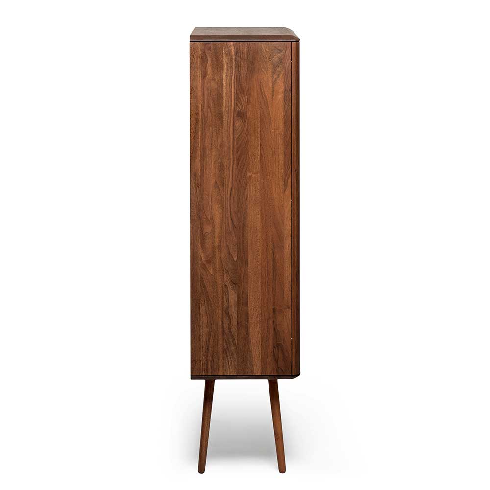 Elegantes Nussbaum Highboard im Retro-Stil, schmale Seitenansicht mit geschlossenen Türen – Rivossa