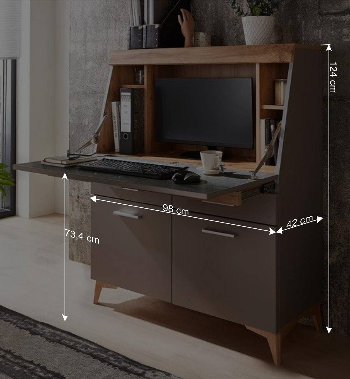 Design Sekretär in Grau & Eiche NB - Zella