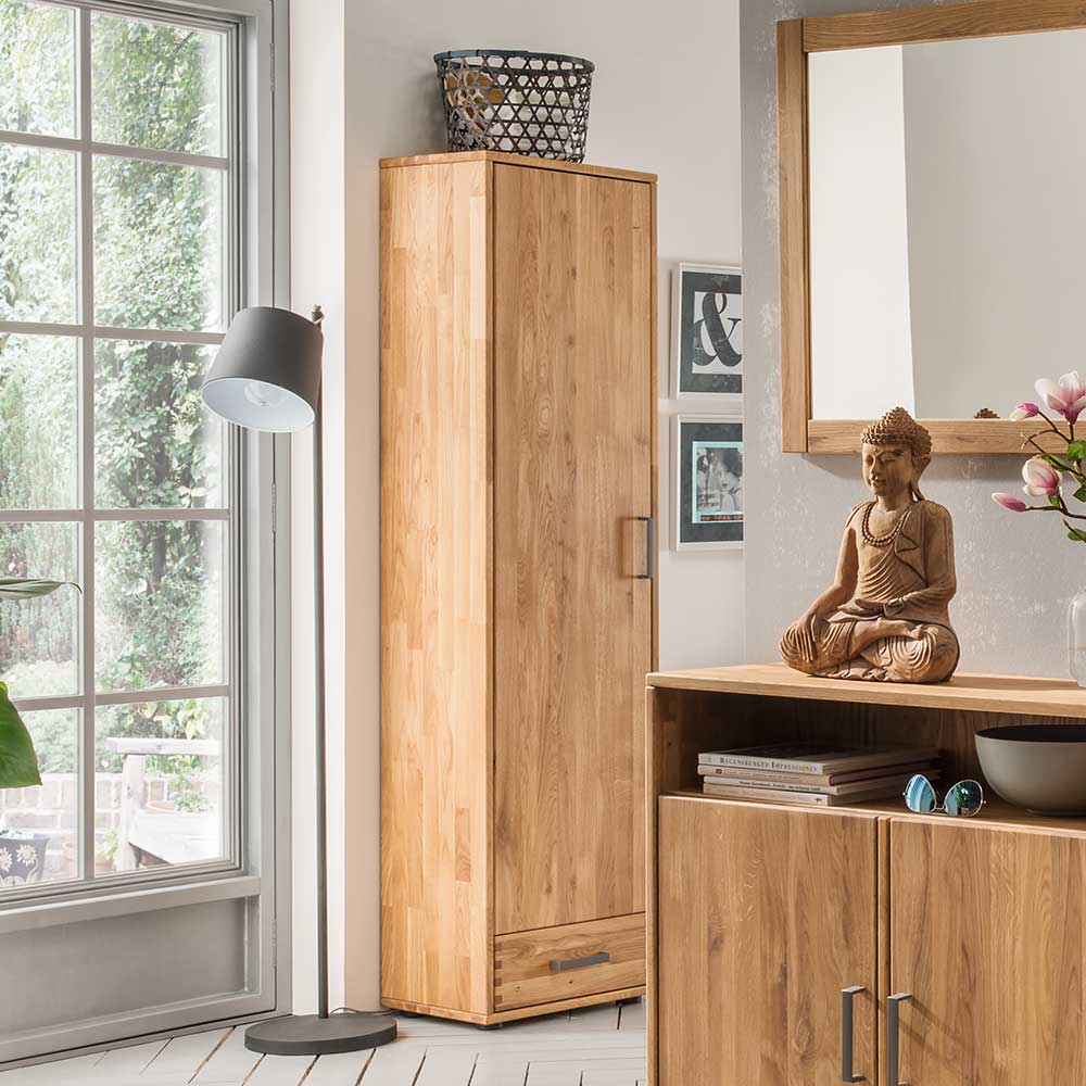 Hoher Holzschrank mit einer Schublade und Griff in dunklem Metall – Teano
