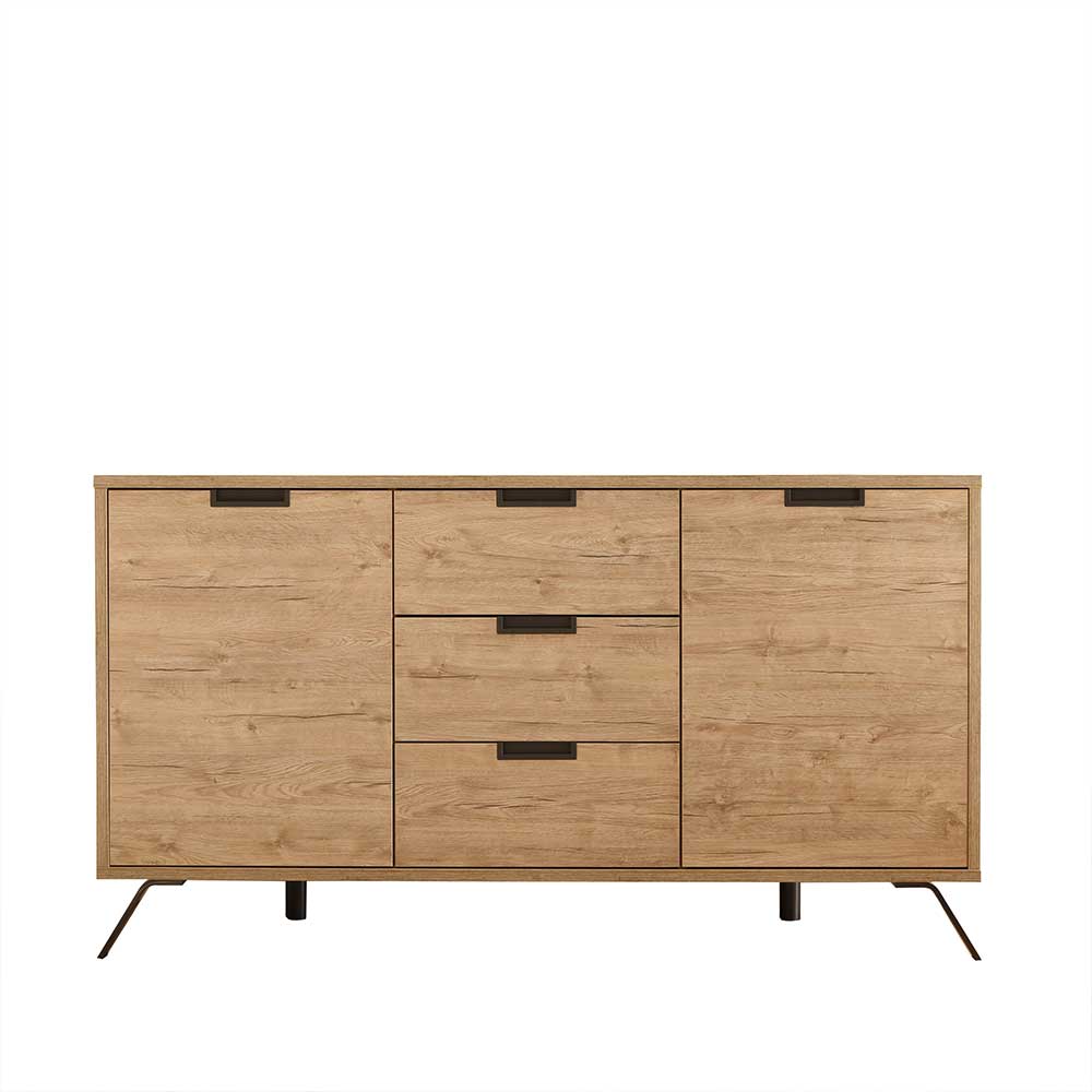 Design Sideboard in Eiche mit drei Schubladen, zwei Türen und schwarzen Metallfüßen – Rodonda