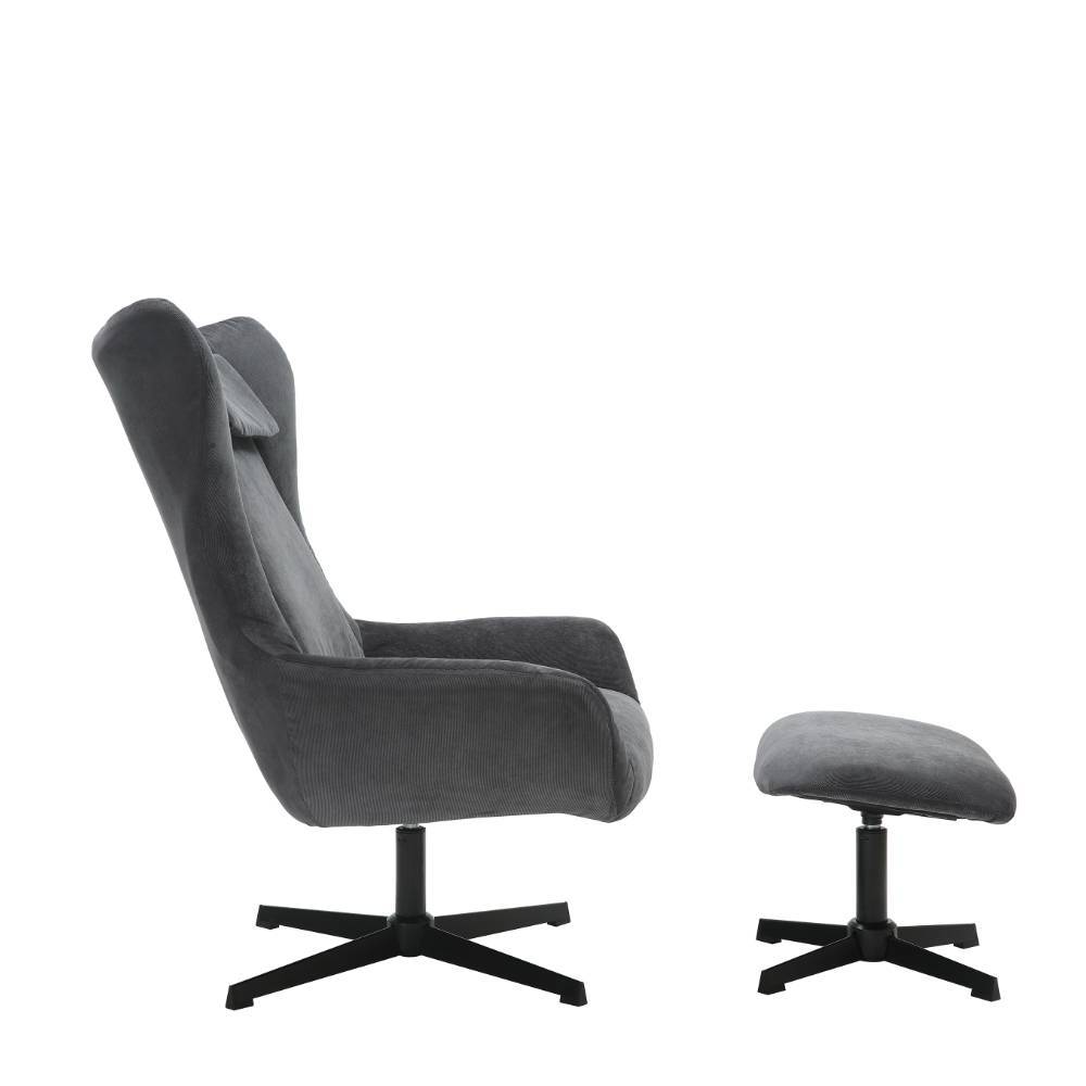 Zweiteiliges Set aus Cordsessel und Fu hocker in Anthrazit, seitliche Ansicht Esmeraldu
