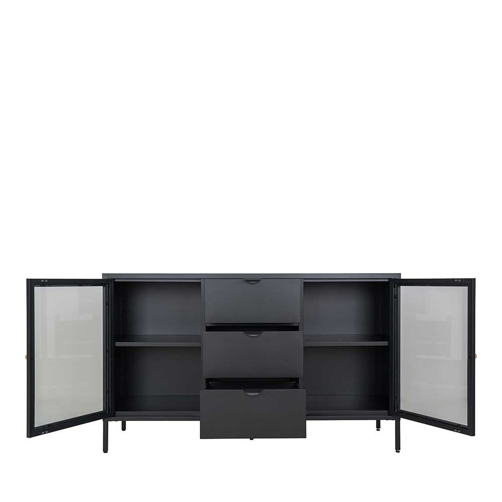 Offenes schwarzes Metall-Sideboard mit Glastüren und ausziehbarer Schublade – Tirmanus