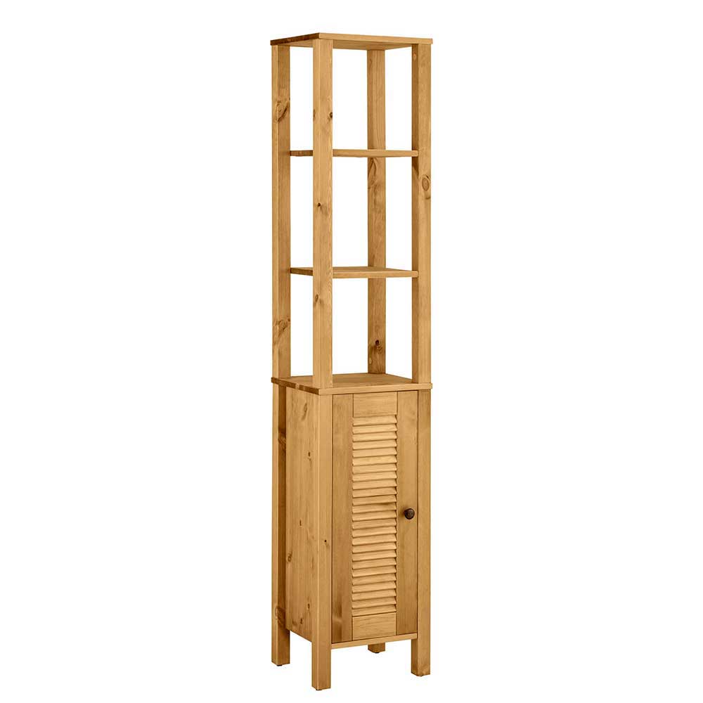 Hoher Badschrank aus Massivholz mit offenen Regalfächern und Lamellentür – Zavieca