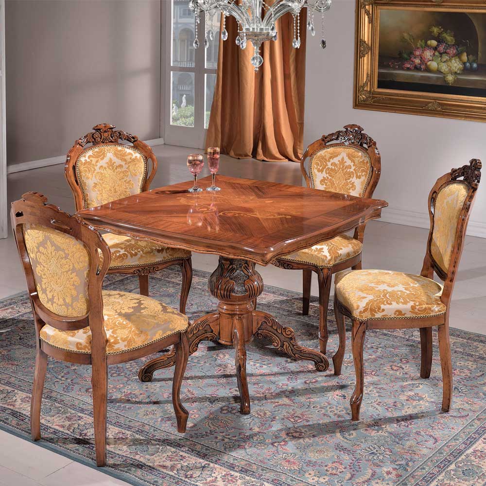 Eleganter quadratischer Esstisch im Barock Stil aus Nussbaumholz mit vier passenden Esszimmerstühlen – Magari