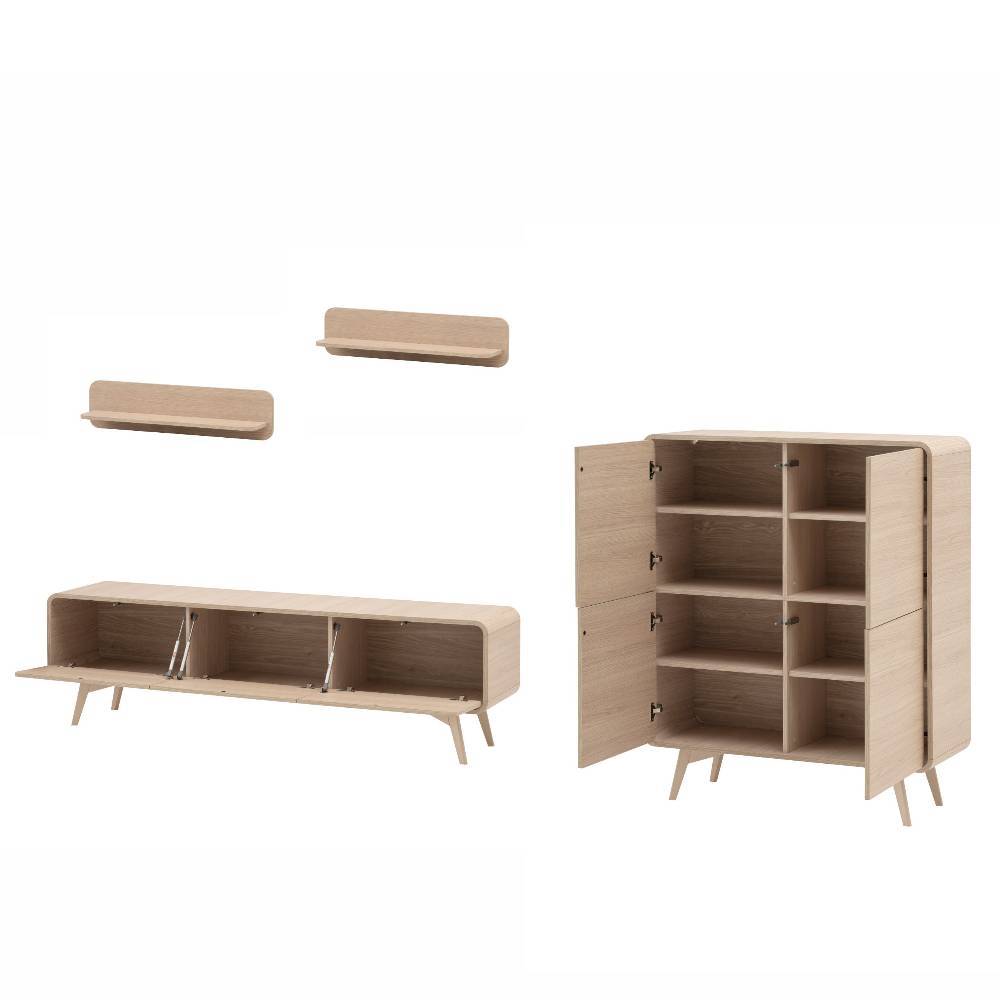 Skandi Wohnzimmer Wohnwand Set vierteilig aus hellem Holz mit TV-Board, Hochschrank und Wandregalen – Embrus