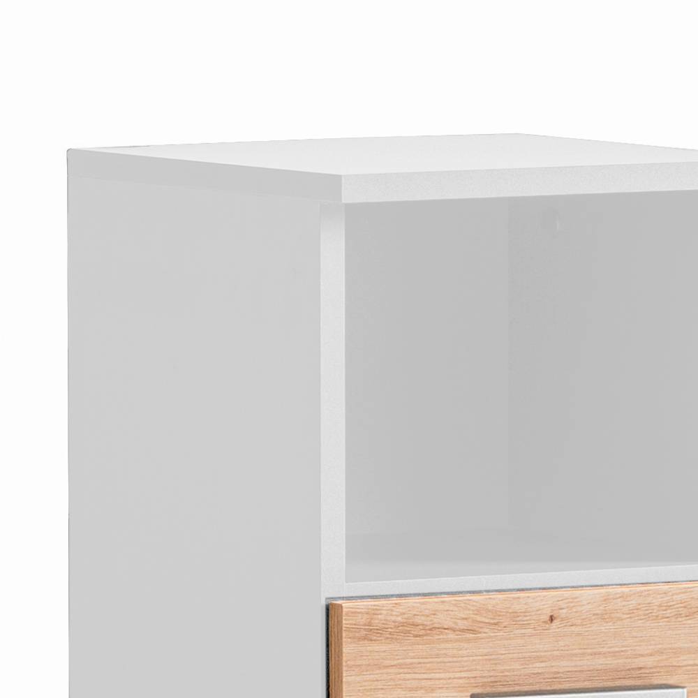 Oberer Badezimmerschrank in Weiß mit offenem Ablagefach und Holzfront – Tolucara