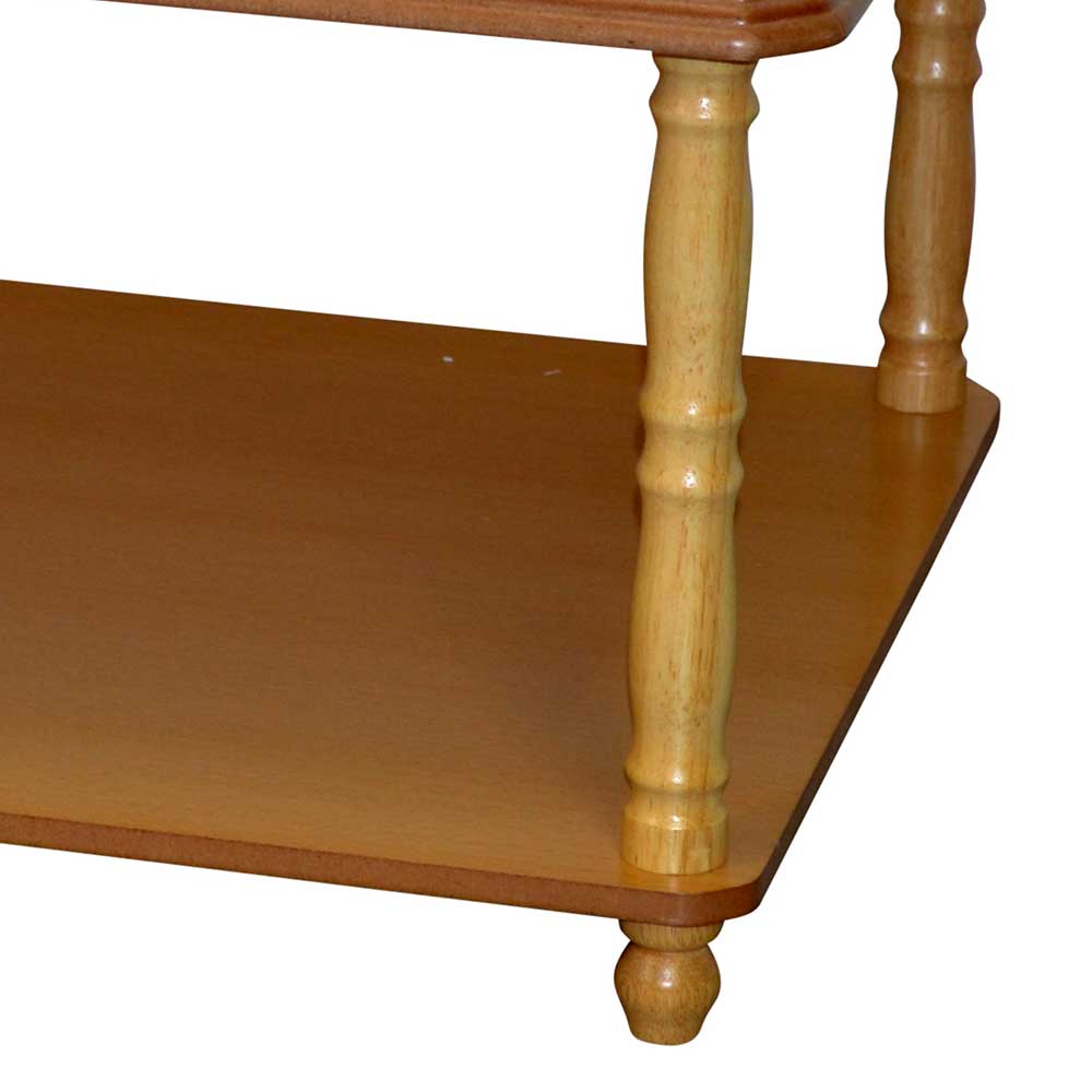 Gedrechseltes Holzbein und untere Ablagefläche des buchefarbenen Couchtisches – Sanco