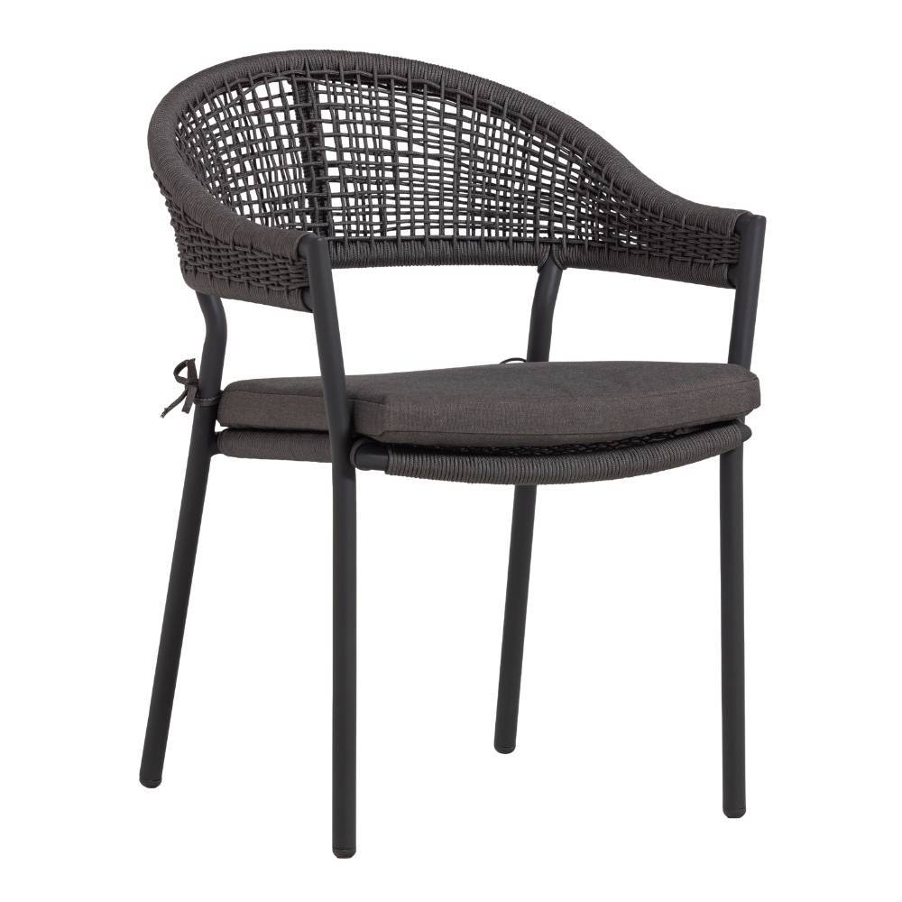 Moderner Design-Gartenstuhl in Dunkelbraun, mit geflochtener Rückenlehne und Armlehnen – Crosavio