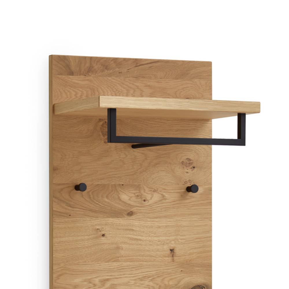 Garderobe Eiche Massivholz mit schwarzer Metall-Kleiderstange, Ablage und Haken für den Flur – Lavenci