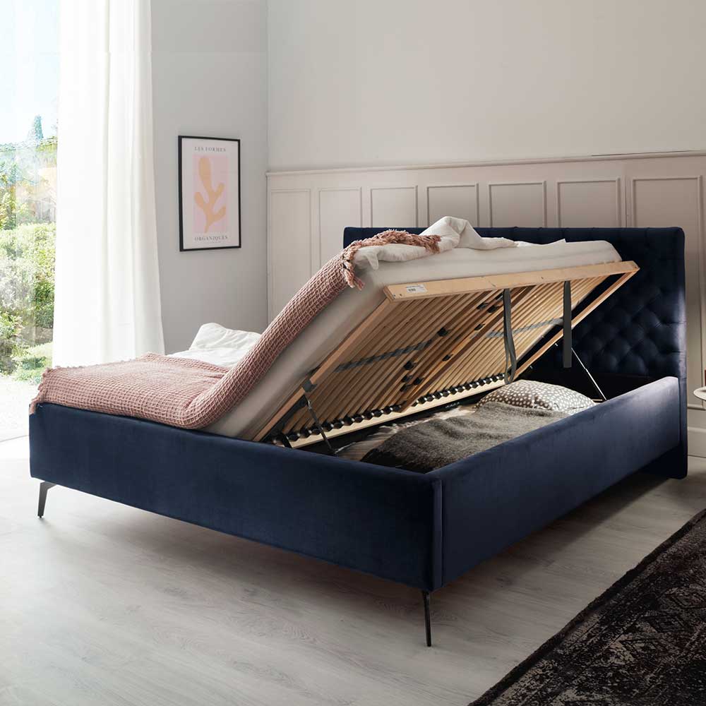 Blaues Stauraumbett mit Chesterfield Kopfteil - Lani