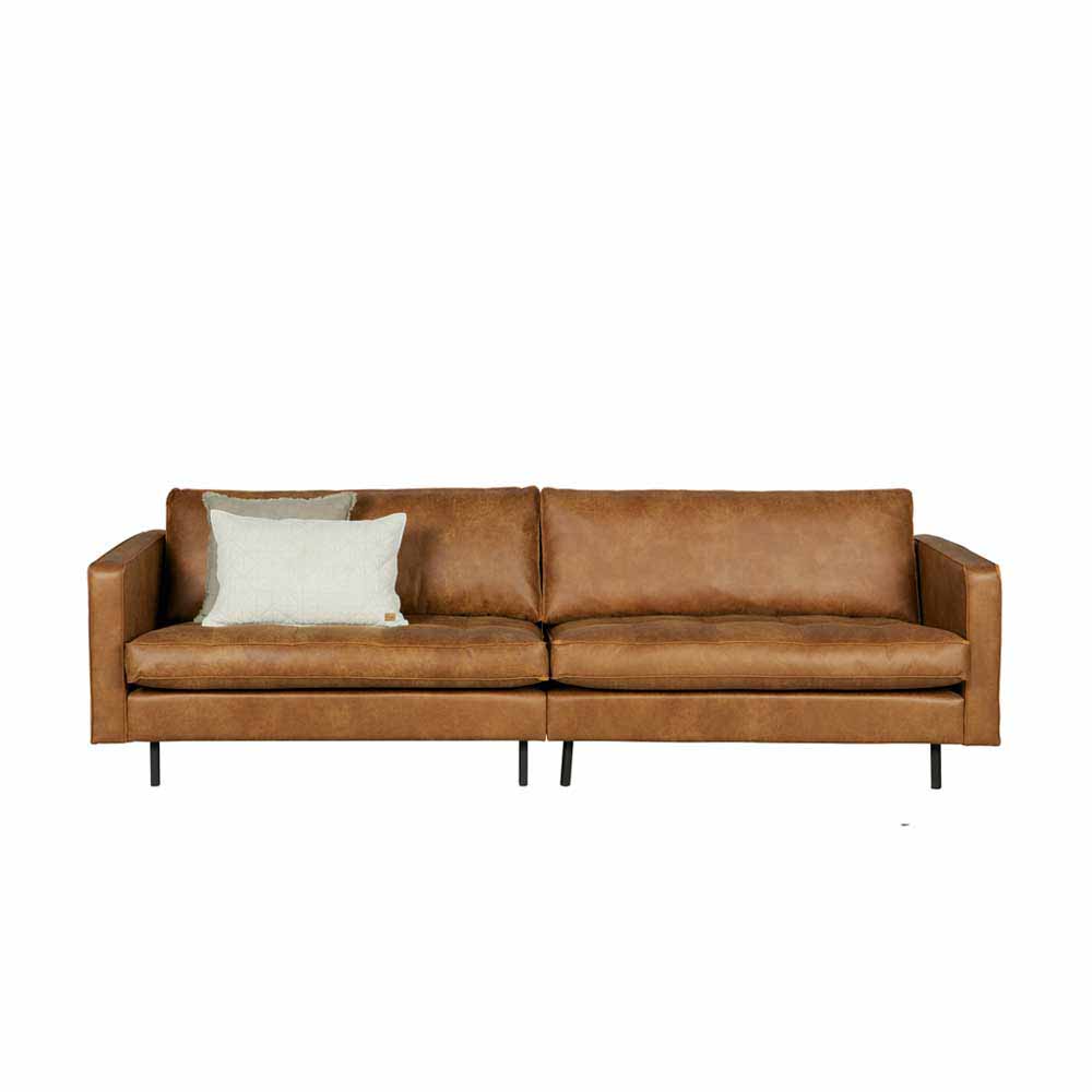 Geräumiges 3-Sitzer Sofa in Cognac Braun aus Recycling Leder mit schwarzen Metallfüßen – Kienta