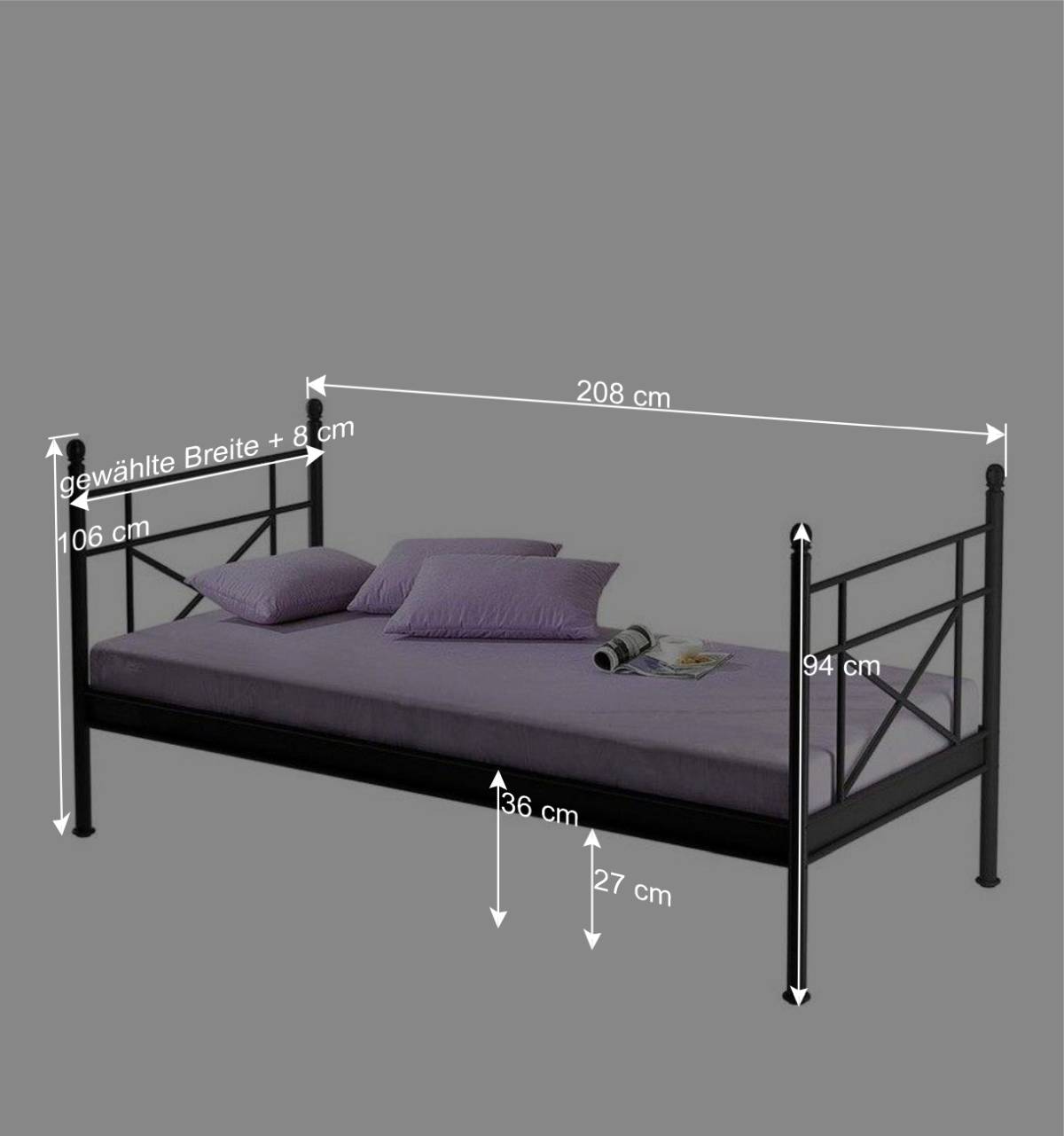 Schwarzes Metallbett 90x200 - Meena