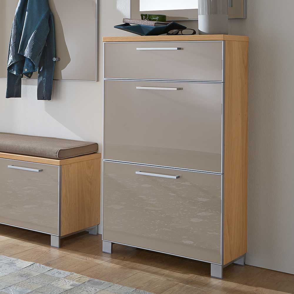 Hoher Schuhschrank mit drei Kippfächern in Taupe Glas und Holzoptik für die Garderobe – Diecca
