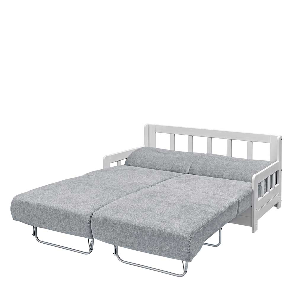 Graues Bettsofa mit weißem Holzgestell komplett als Schlafplatz ausgezogen – Alberus