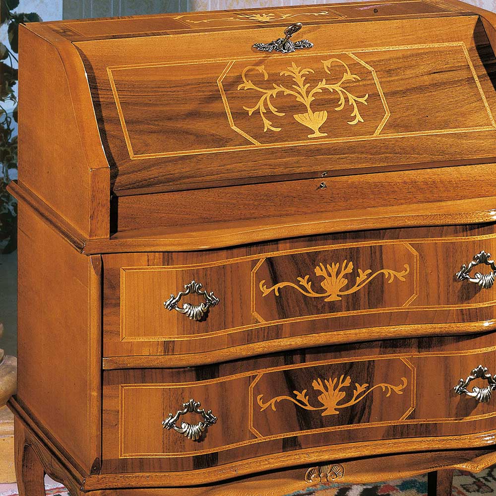 Barocker Schreibsekretär aus Nussbaum mit eleganter Rollklappe und floralen Intarsien – Agosto