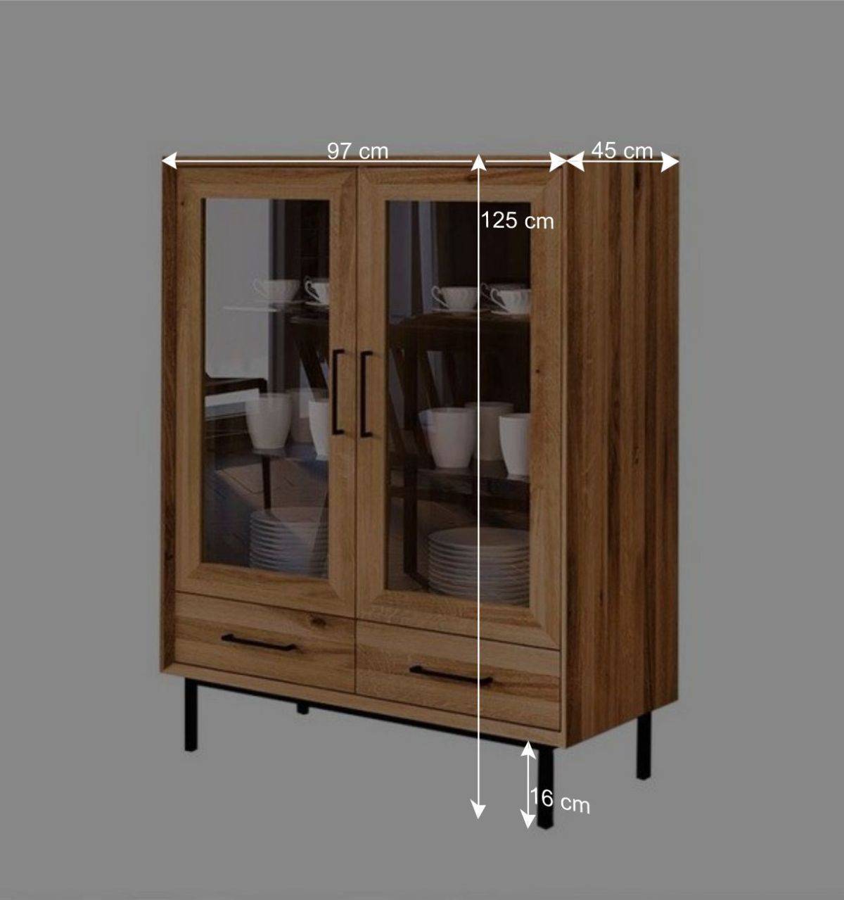 Wildeiche Vitrine mit zwei Schubladen - Kerfa