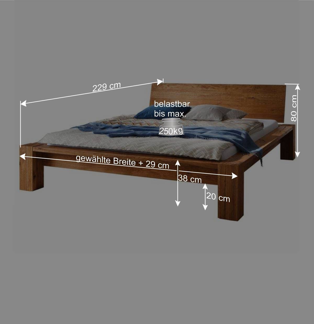 Bett Basnia aus Wildeiche massiv im Naturfarbton
