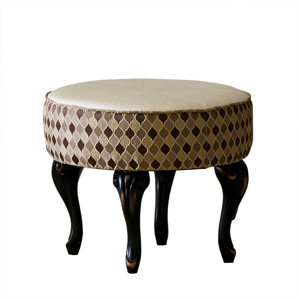 Runder extravaganter Hocker mit beigem Polster und braun-beigem Rautenmuster – Macionas
