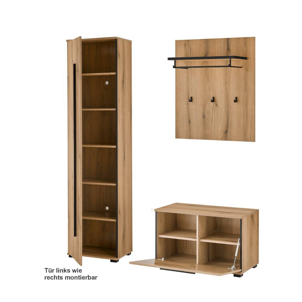 Dieleneinrichtung Set dreiteilig in Eiche Optik mit Garderobenschrank, Wandpaneel und Schuhschrank – Moviess
