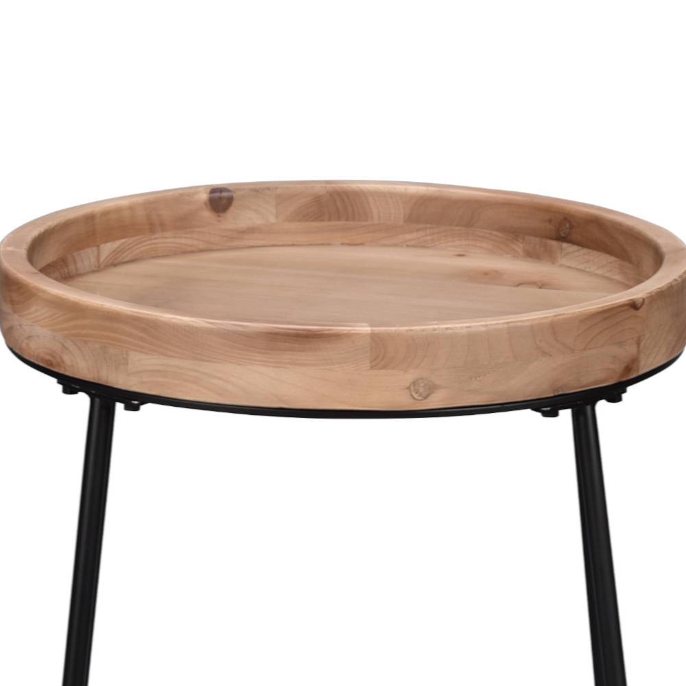 Obenansicht des runden Beistelltisches mit Holzplatte und schwarzem Metallrahmen für das Wohnzimmer – Western