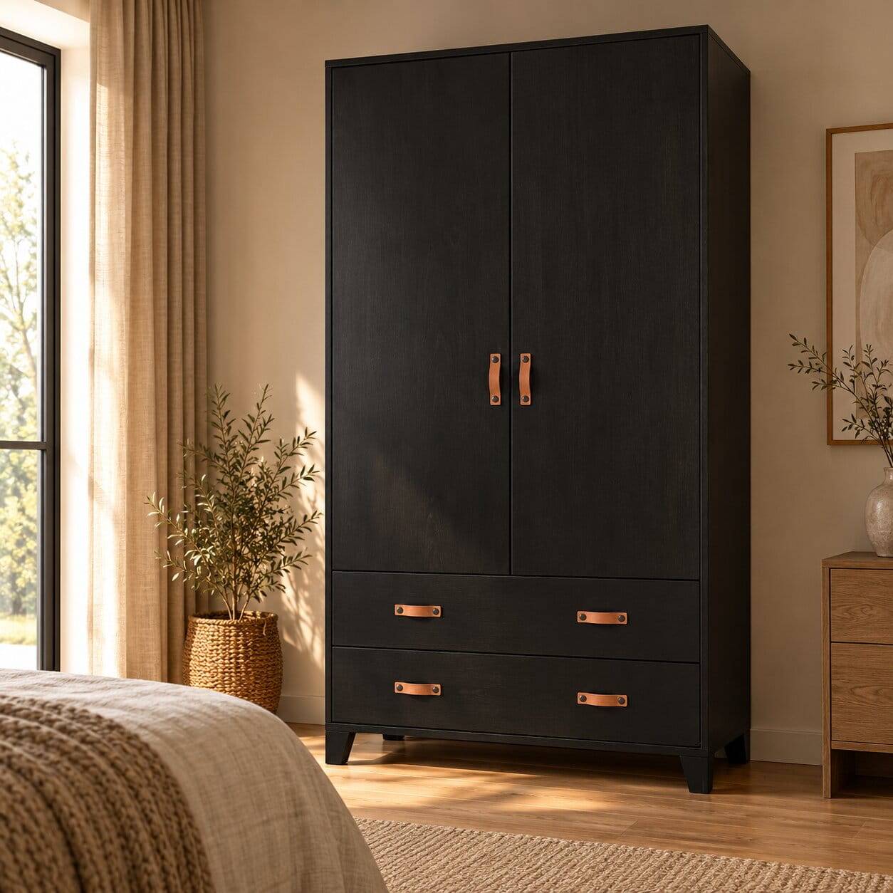 Teilmassiver 94x180x40 Kiefernholz Kleiderschrank in Schwarz - Ilvessino