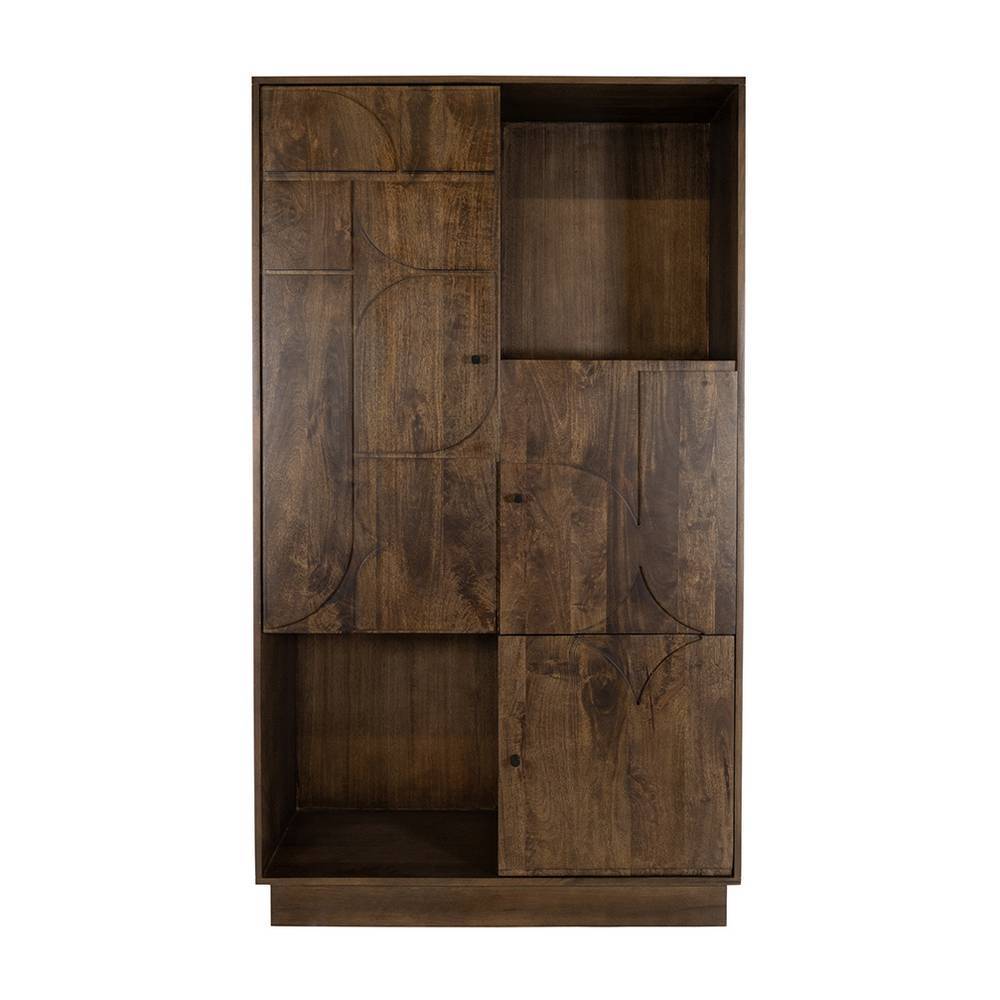 Wohnzimmerschrank in Walnussbraun mit geometrischen Türfronten und offenen Fächern – Albert