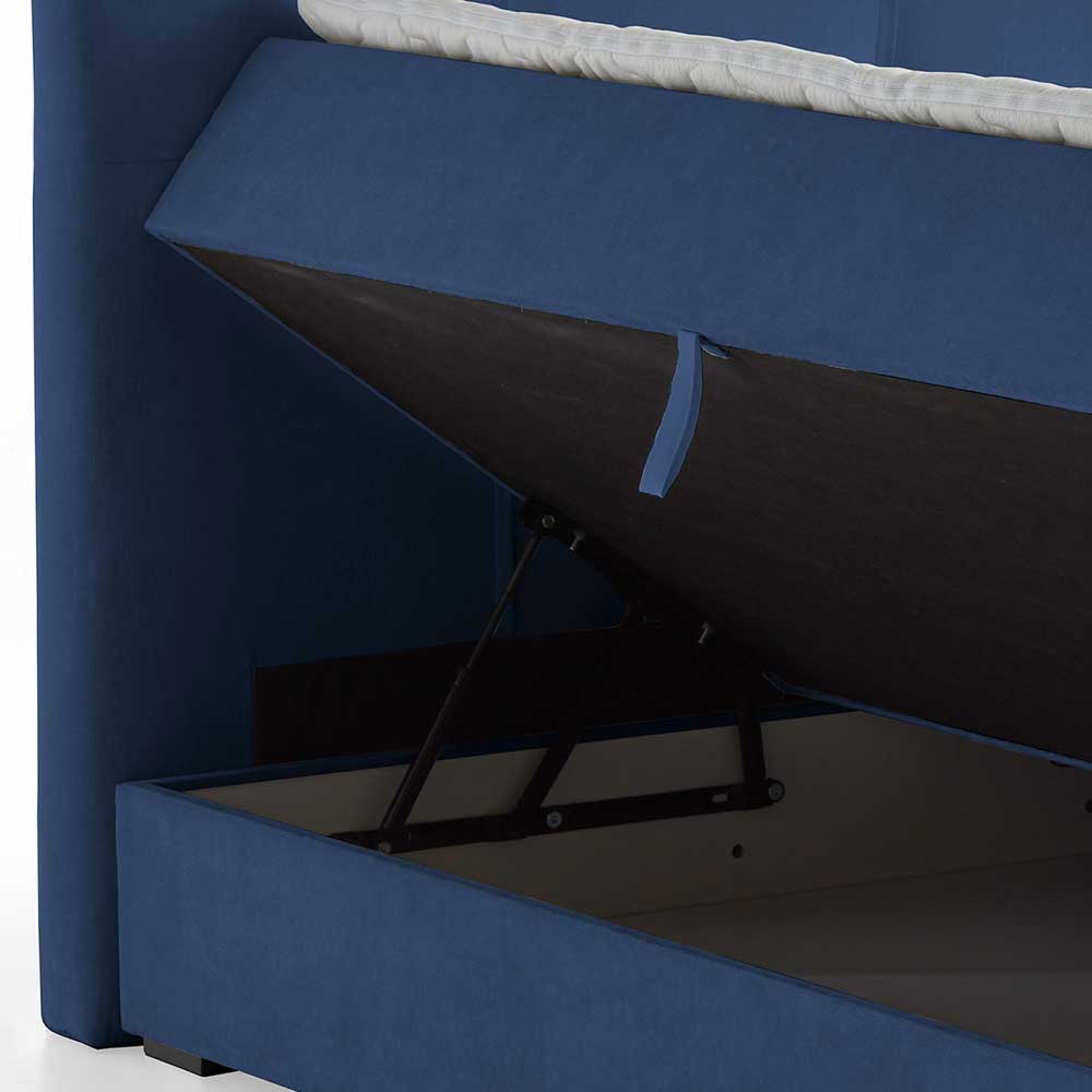 Blaues Stauraumbett mit 118cm hohem Kopfteil - Remilia