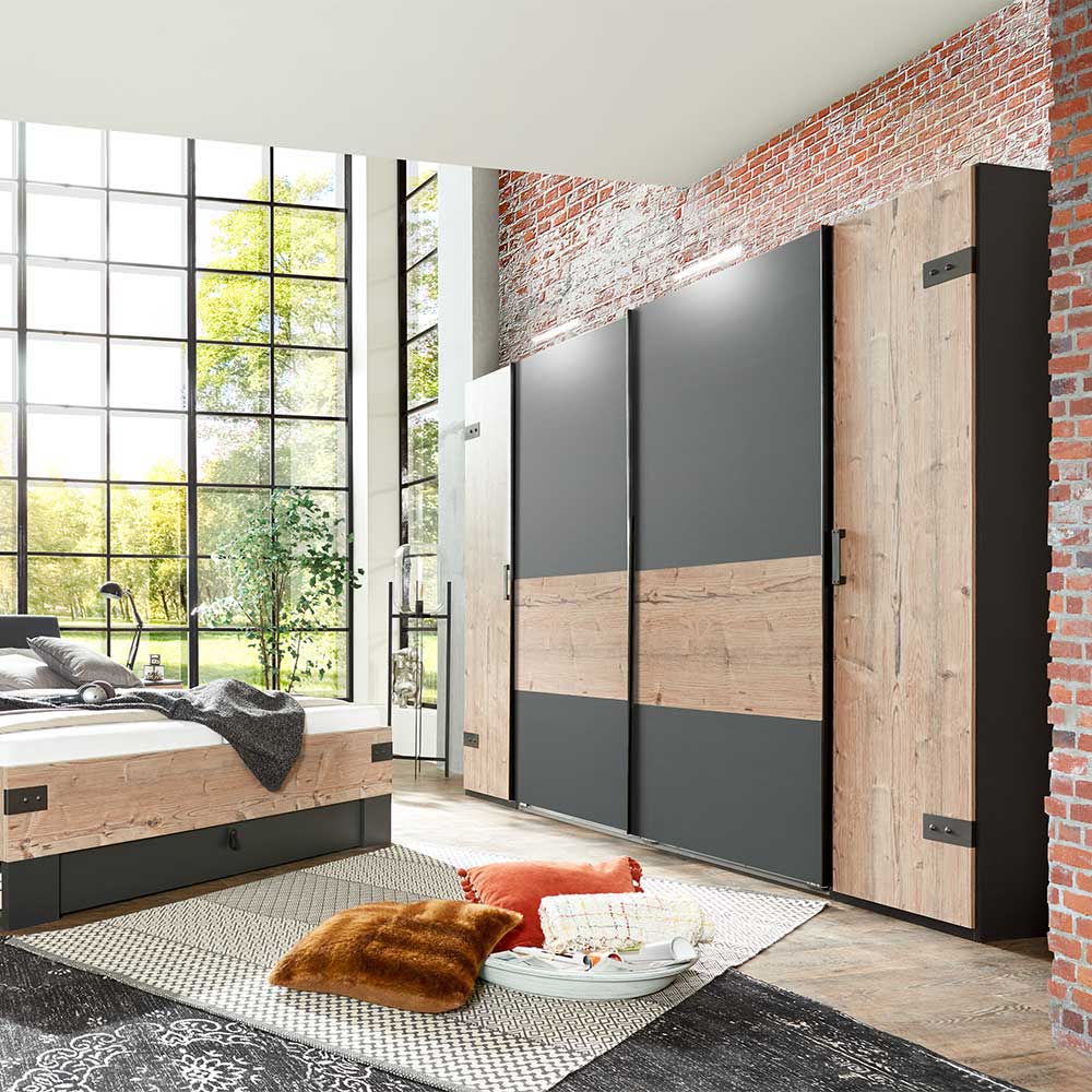Schlafzimmer Set vierteilig mit Bett, Schrank und zwei Nachttischen in Holzoptik und Anthrazit – Ardila