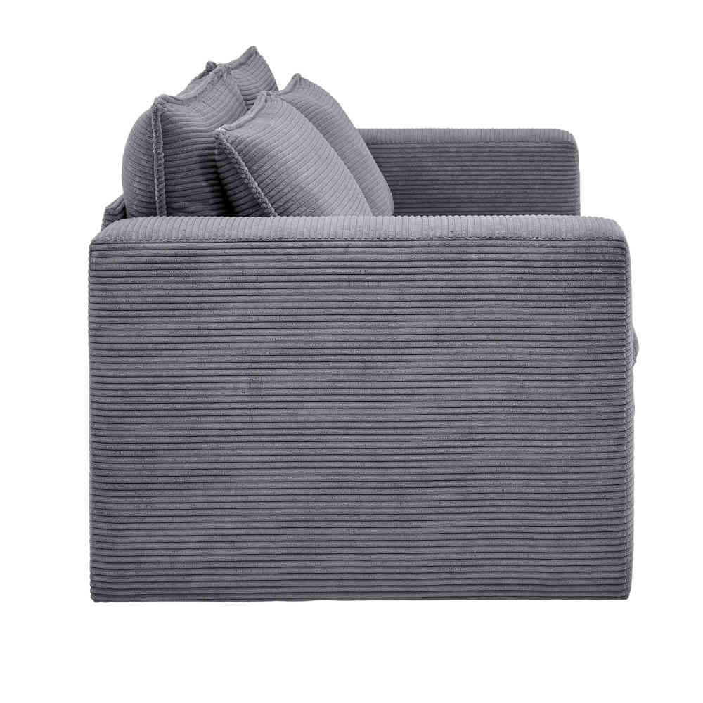 Grauer Cord Zweisitzer Sofa Seitenansicht mit sichtbaren Armlehnen – Ruffos