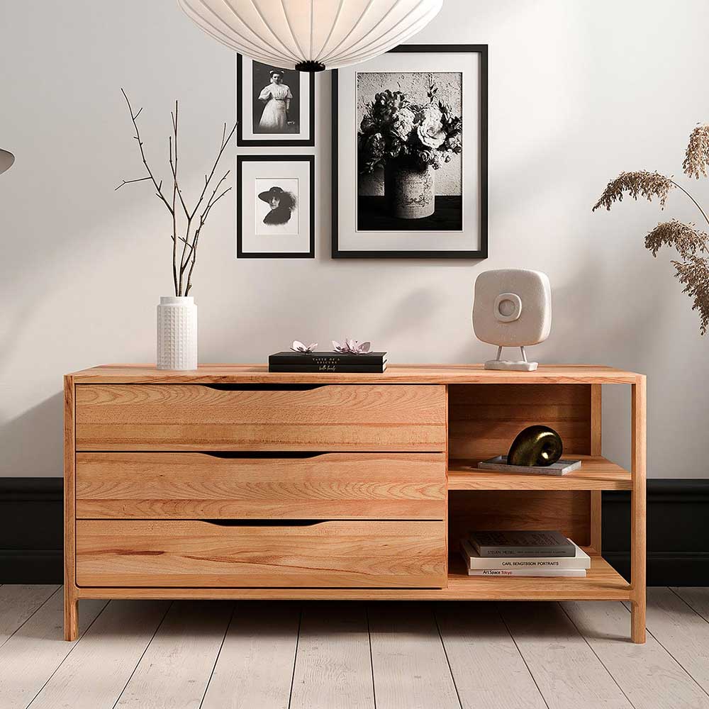 Massives Sideboard aus Holz mit drei Schubladen und zwei offenen Fächern für Wohnzimmer und Flur – Lana