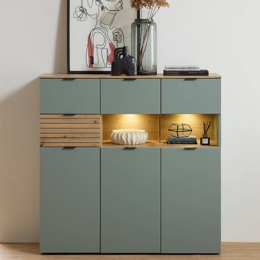 125cm breites Highboard in Graugrün und Wildeiche Natur - Halimi