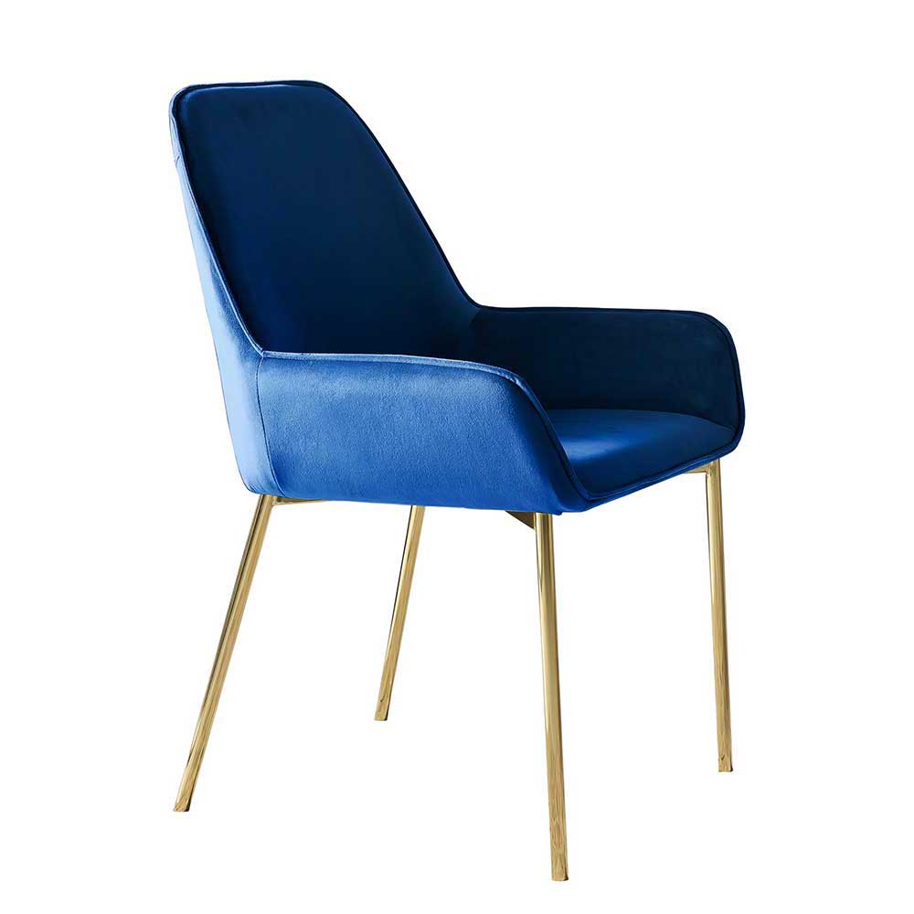 Eleganter blauer Samtstuhl mit goldenen Metallbeinen als Einzelansicht – Angora
